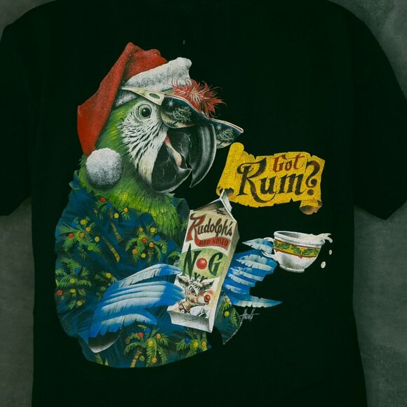 Lower Latitudes Mens T-Shirt Black Large Parrot Got Rum Graphic Christmas Design - Picture 4 of 7